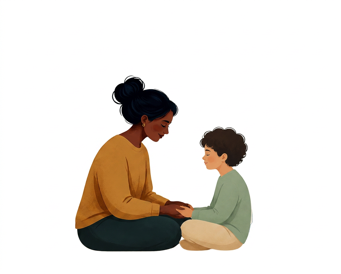 A working parent sitting peacefully with their child, holding hands