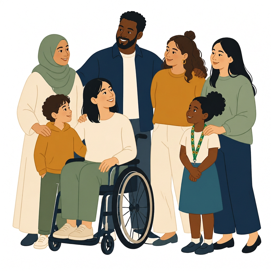 Diverse community illustration including a child wearing a sunflower lanyard