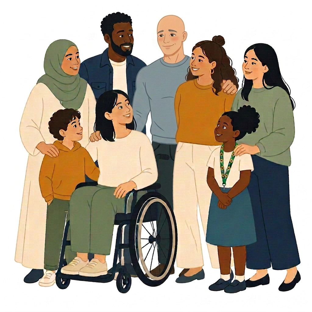 Diverse community illustration including a child wearing a sunflower lanyard and a bald man with kind eyes