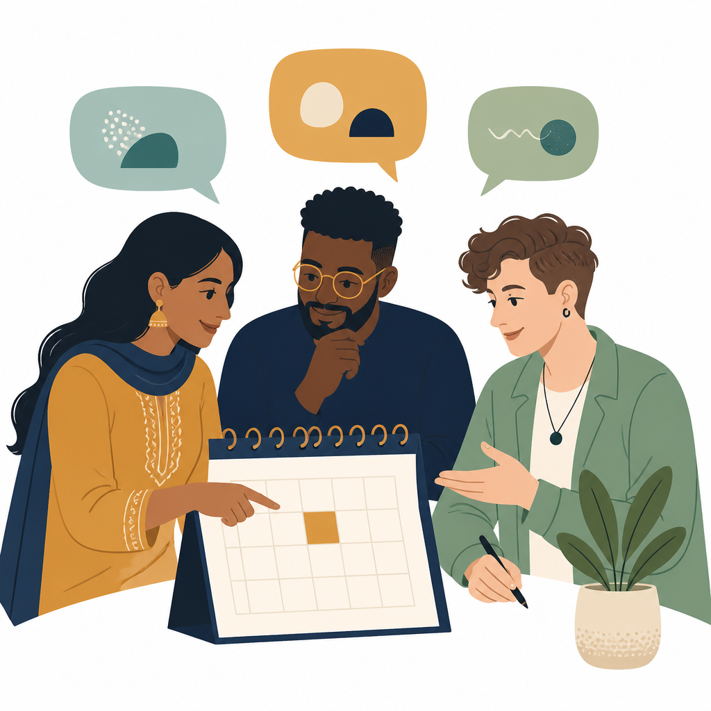 Illustration of a cozy online gathering with a calendar
