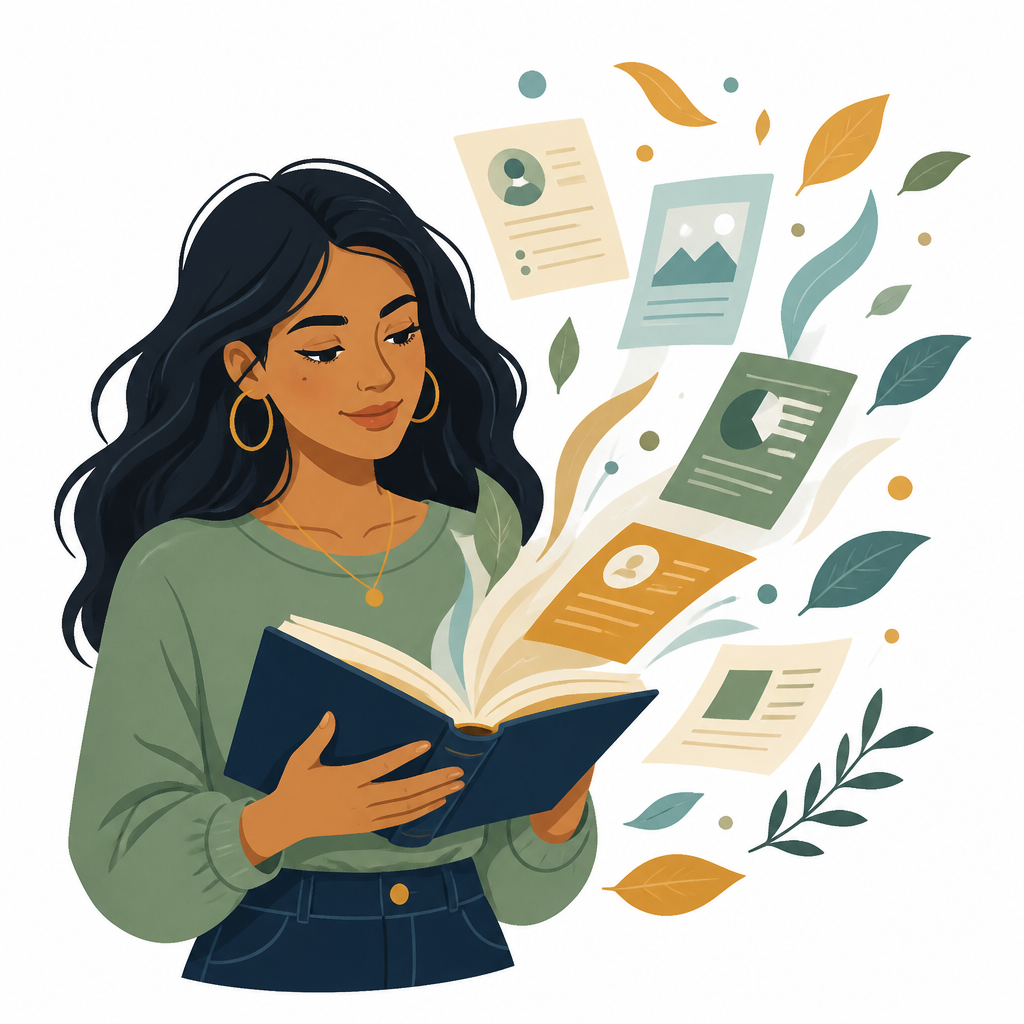 Open book with floating knowledge cards